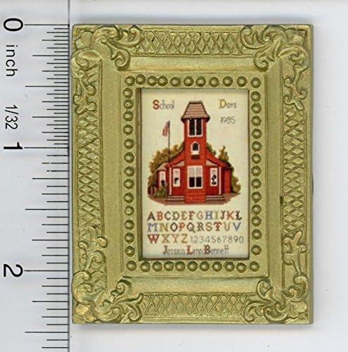 Dollhouse Miniature 1:12 Print of a Cross Stich Schoolhouse in a Gold Frame
