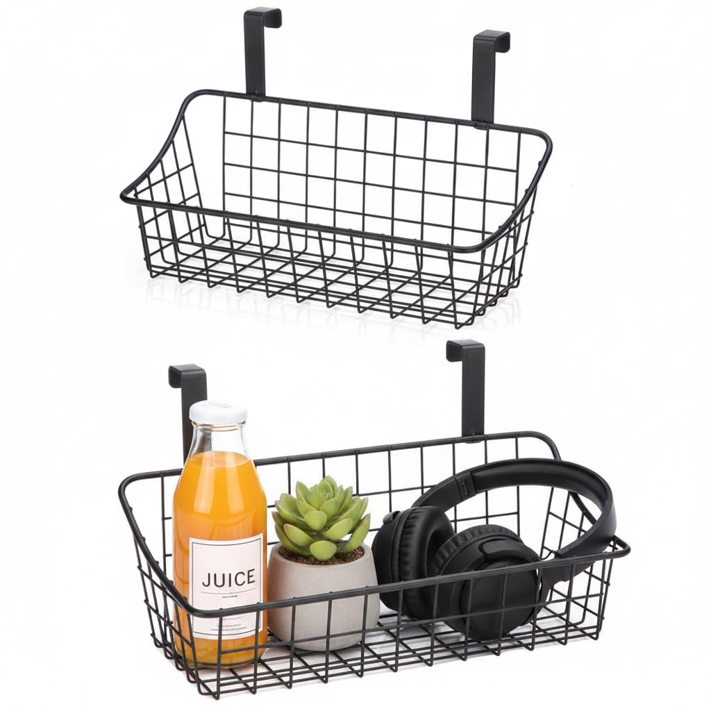 LeleCAT Basket with hook Grid Storage Basket, Hang it behind a door or on a railing, Over the Cabinet Door, Small, BLack,2 Pack