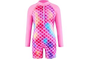 Girls Mermaid Swimsuit Kids One Piece Bathing Suit Long Sleeve Quick Drying Swimwear for Beach Pool Red 3-6Y