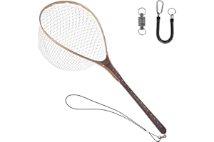 Aventik Fly Fishing Landing Net Trout Fishing Wooden with Measuring Mark Soft Rubber Net Bag Catch & Release