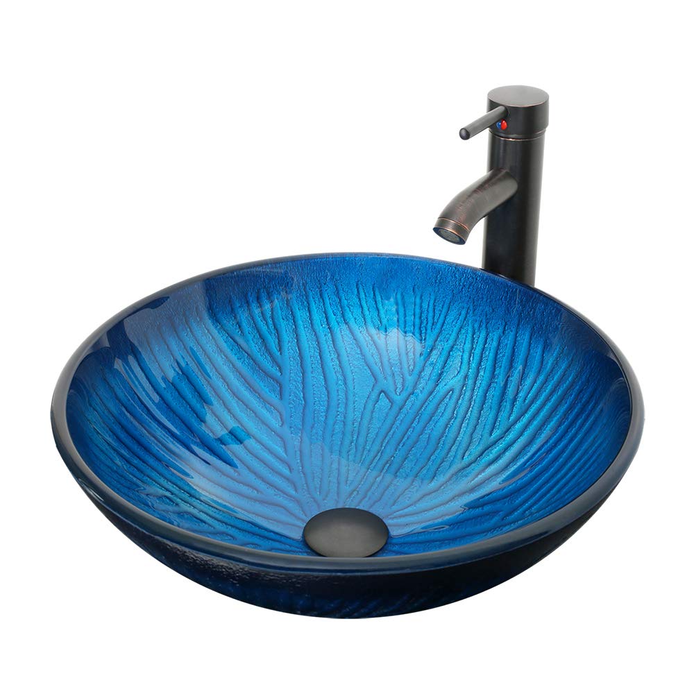 Eclife Round Tempered Glass Bathroom Vessel Sink Combo Counter Top Installation Sink Bowl Oil Rubber Bronze Bathroom Sink Faucet Bathroom Sink Drain Blue Round Bowl Sink Combo A11 Buy Online