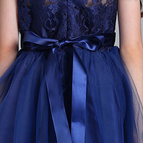 Acecharming Girls Lace Bridesmaid Wedding Dress with Bowknot Princess Prom Party Tulle Gown for 11-12 Year (Navy Blue)