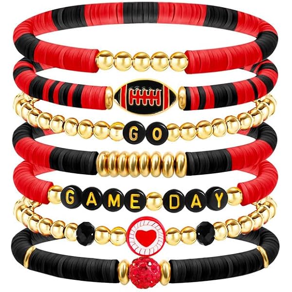 Pulseras De Béisbol Elásticas - Pack De 8, Cuentas De Arcilla Rojo, Blanco Y Azul, Para Fanáticos Y Equipo