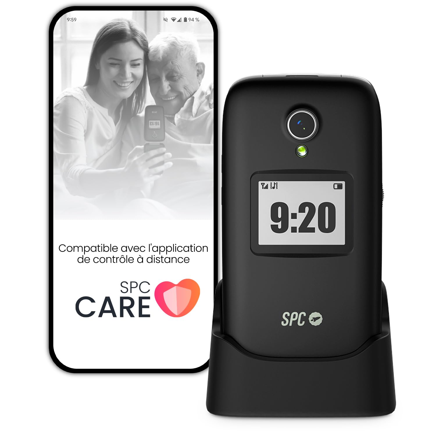 Spc Polaris - Téléphone 4G Pour Seniors Avec Grandes Touches Et Bouton Sos | Compatible Avec App Pour Gestion À Distance Care (Ios & Android), Localisation GPS Et Alertes De Sécurité | Noir