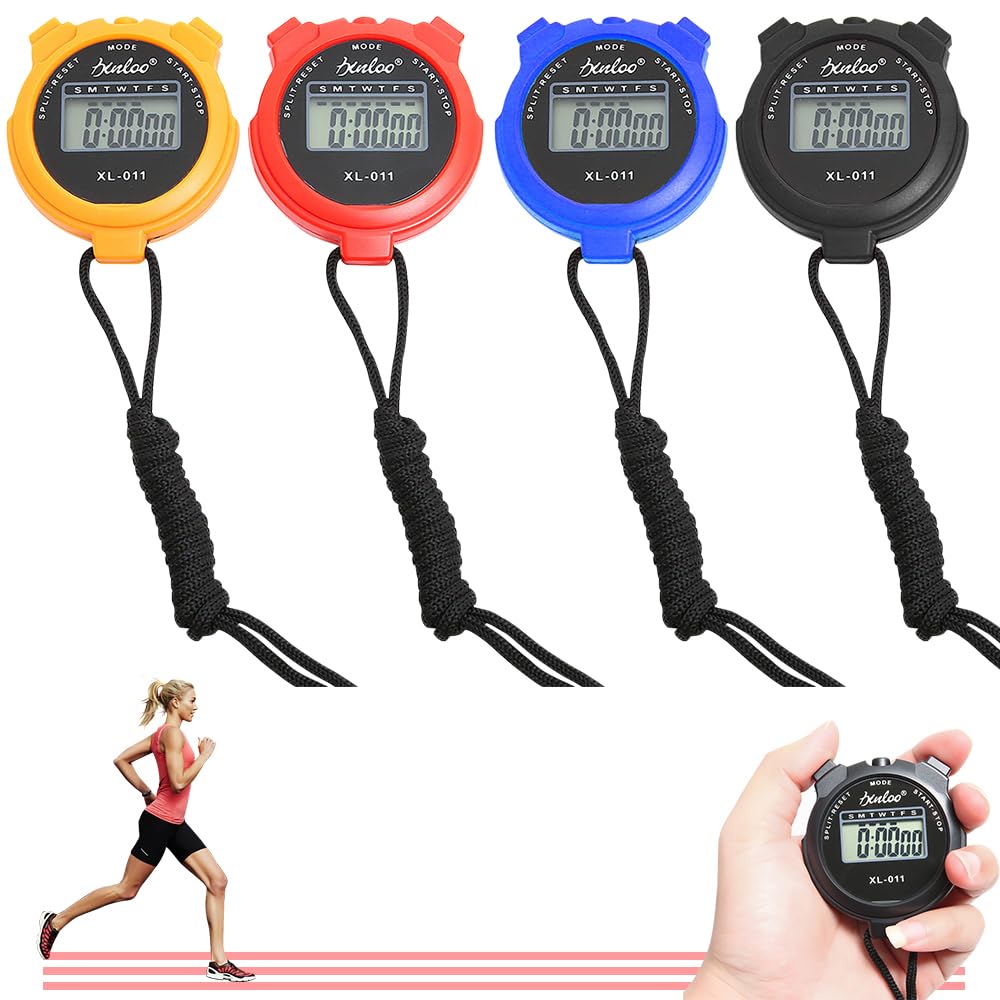 MineUp 4PCs Digital Sports Stopwatch with Large Display - Multi-Function Timer, Date, Time & Alarm - Shockproof, Waterproof for Training