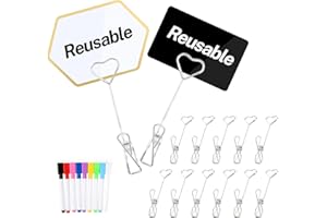 AETJXIXEE 12Pcs Metal Double Sided Reuse Price Tag Holder Clips with 9 Color Chalk Markers and 24Pcs Erasable Tags for Cake Rack Price/Menu/Table Number/Bouquet Card/Picture/Sale Retail Display (Silver)