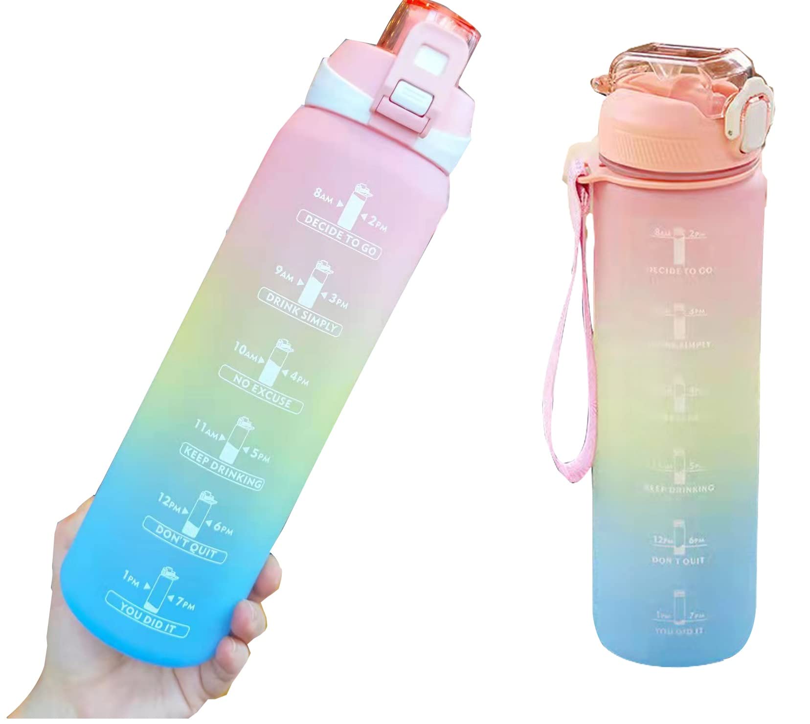 通用 1 Litre Large Water Bottle with Straw & Motivational Time Marker Reminder, BPA Free Leak-proof Water Bottles for Fitness, Gym and Outdoor Sports
