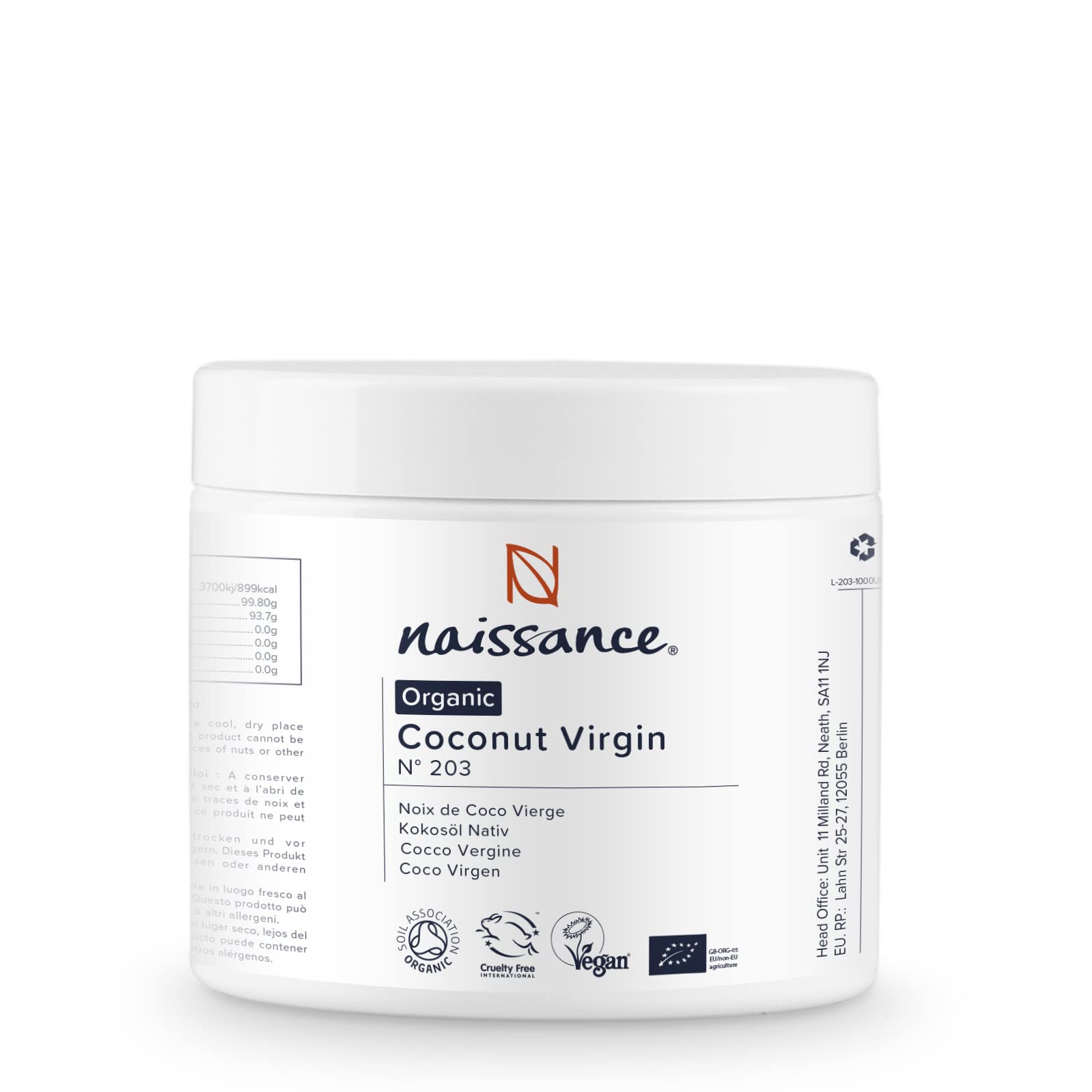 Naissance Organic Virgin Coconut Oil (solid) 250g - Pure, Natural, Certified Organic & Unrefined - Moisturising & Conditioning - Ideal for DIY Beauty Recipes