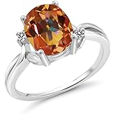 Gem Stone King 925 Sterling Silver Ecstasy Mystic Topaz and White Diamond 3 Stone Ring For Women (3.23 Cttw, Oval 10X8MM, Gemstone Birthstone)