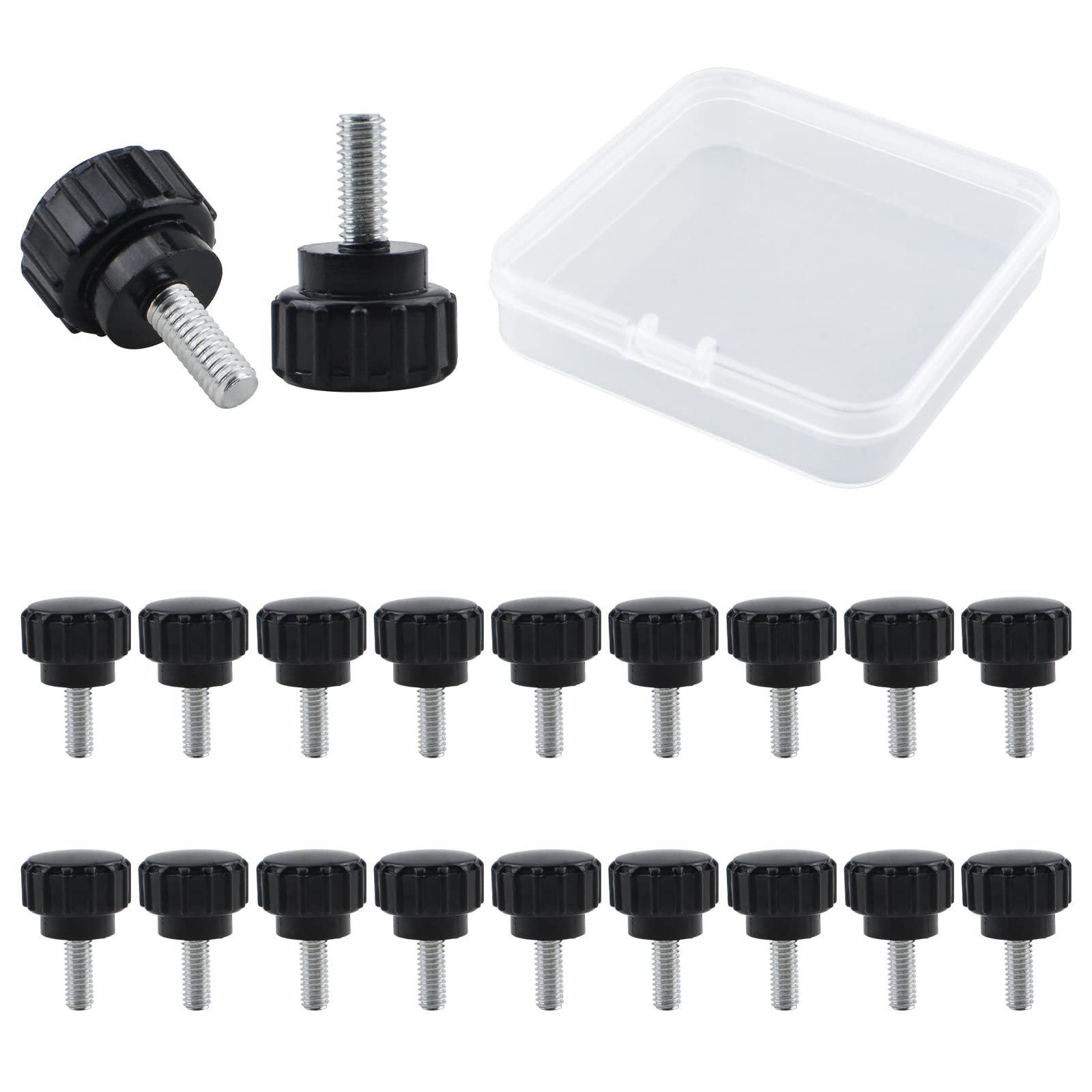 MOROBOR Knurled Thumbscrew Screw, 20pcs M4 x 10 mm Carbon Steel Threaded Knurled Thumbscrew Grip Knobs Thumb Screw for Machinery Latche with Storage Case