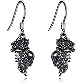 Black Rose Skull Dangle Earrings Sterling Silver Gothic Skull Jewelry Gift for Women
