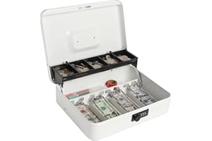 Large Cash Box with Combination Lock, Metal Money Box for Cash, Lovndi Lock Box with Money Tray, Lockbox 11.8 x 9.5 x 3.54 Inches, White