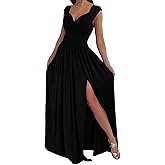 ECDAHICC Womens Sexy Wrap V-Neck Dress Sleeveles Ruched Empire Waist Bridesmaid Wedding Guest Maxi Dresses