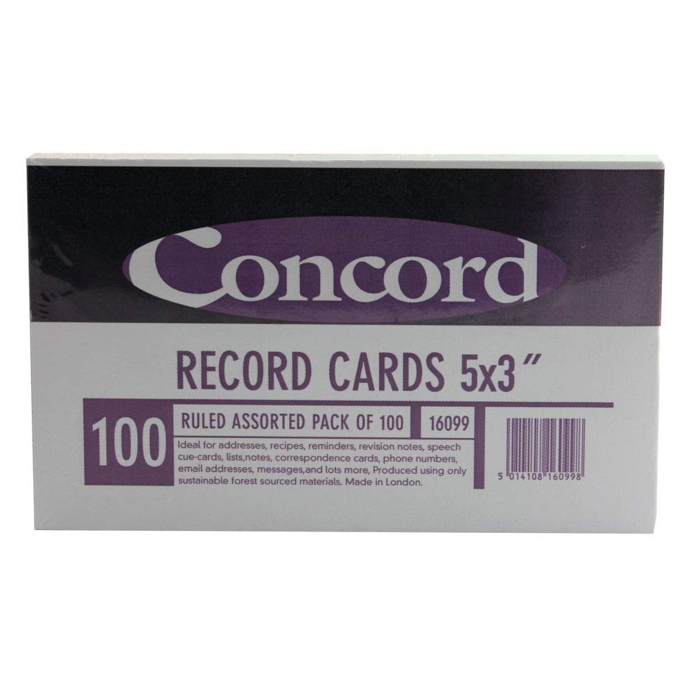 Pukka Pad, Concord Revision Cards – 100 Pack of 160 GSM Paper Record Cards – Index Flash Study Cards or Cue Cards for Presentations - Ruled on Both Sides – 5 x 3in, Pastel