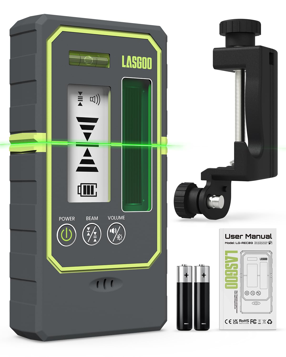 LasGoo LG-REC03 Laser Receiver for Laser Level, Pulse Mode Line Detector, 50m Working Range, Dual LCD Display with Backlight, Adjustable Speaker, Bubble Level, Clamp Included
