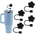 Flower Silicone Straw Cover Cap for Stanley Cup,Straw Topper 10 mm 0.4 in Reusable Straw Tips Lids,Straw Tip Covers Gift for Party Decor (Black Cherry blossom 4pcs)