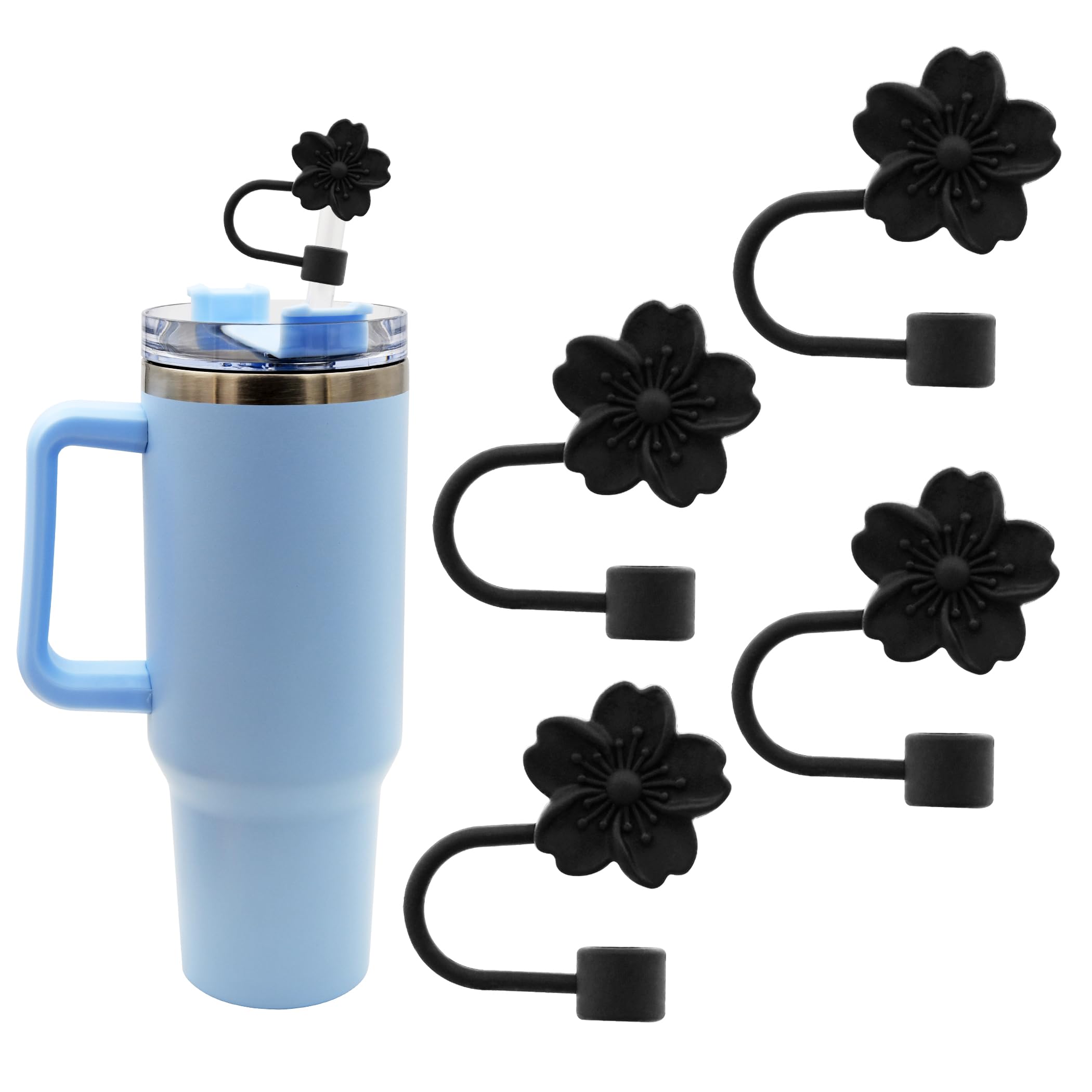 Photo 1 of Meitesti Flower Silicone Straw Cover Cap for Stanley Cup,Straw Topper 10mm 0.4in Dust-Proof Reusable Straw Tips Lids,Straw Tip Covers Gift for Party Decor (Black Cherry blossom 4pcs)