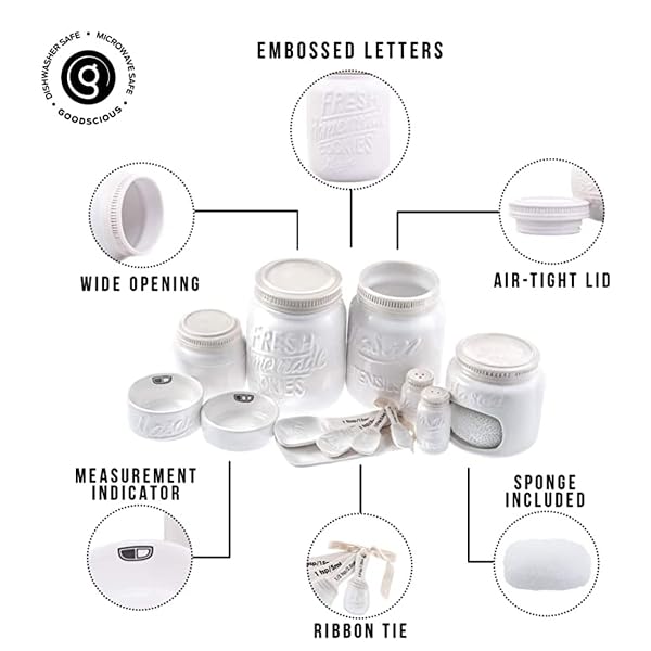 FARMHOUSE CANISTERS SETS FOR THE KITCHEN – MASON JAR CERAMIC KITCHEN UTENSIL HOLDER, SPOON REST, CUTE COOKIE JAR, SALT & PEPPER SHAKER SETS, SPONGE HOLDER, MEASURING CUPS & SPOONS (WHITE,17-PC BUNDLE)