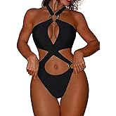 QGIUG Women's Sexy High Cut Thong One Piece Swimsuits Monokini Halter Crisscross Cutout Bathing Suit Beach Pool Party
