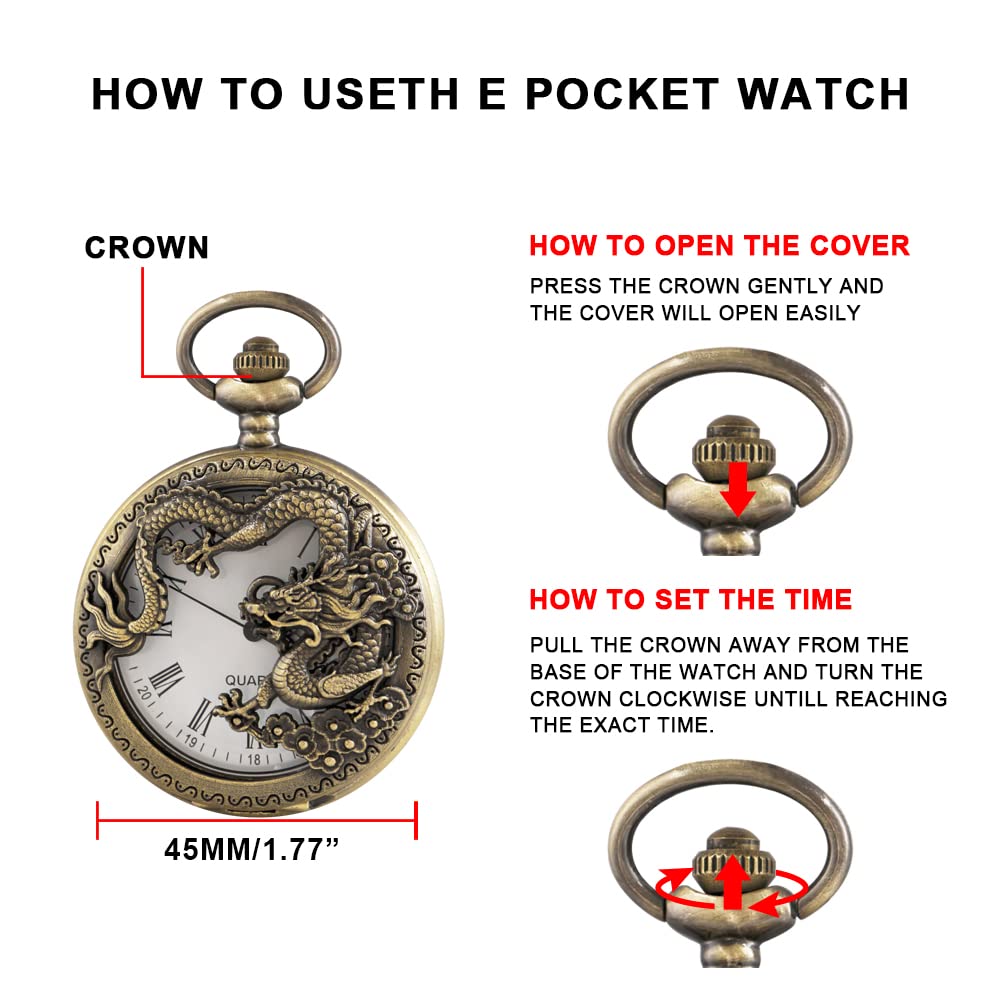 Alwesam Dragon Design Quartz Pocket Watch Roman Numerals with Chain Birthdays Gifts for Father's Days