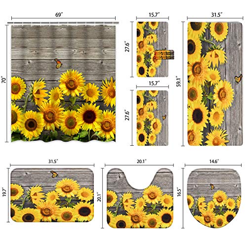 7 Piece Sunflower Shower Curtain Sets with Rugs and Towels, Include Non