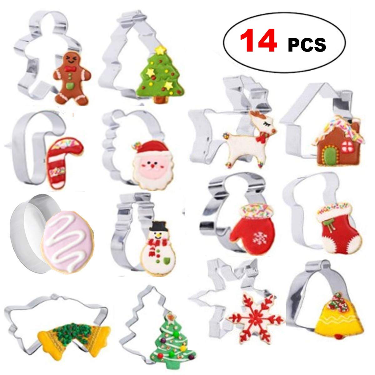14 Pcs Christmas Cookie Cutters Stainless Steel Holidays Cookies Molds for Xmas Holiday Cookies, Making Muffins, Biscuits, Sandwiches, Snowflake Cookies, Christmas Party and Baking Gift