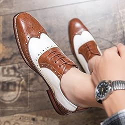 HuitJours Men Brogues Wingtip Lace up Brown White