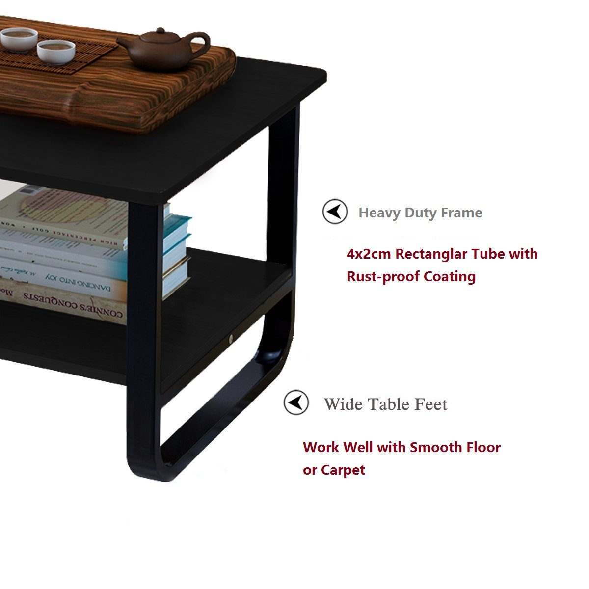 Rectangular Coffee/Tea Table with Storage Shelf (Black)