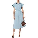 EZAPINE Womens 2025 Summer Short Sleeves Midi Dress Casual Button Down Long Dress with Belt