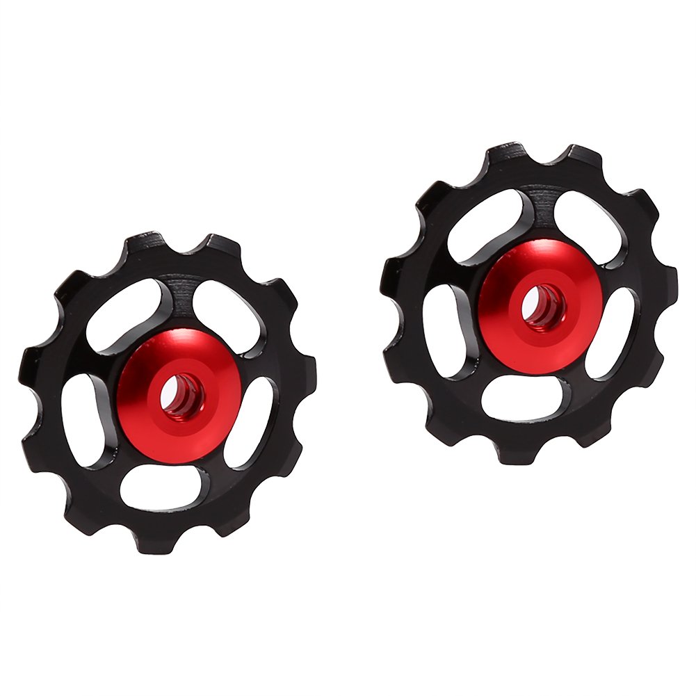 VGEBY1 2Pcs Derailleur Pulley, Aluminum Alloy 11T Bike Rear Derailleur Guide Pulley Jockey Wheel Bicycle Accessory(Black+Red Cap)
