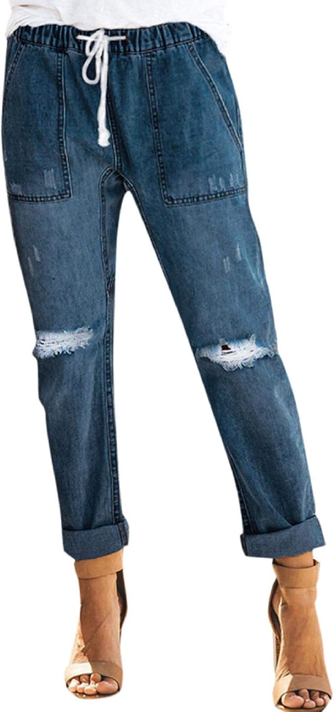 TOTOD Crop Jeans, Women Pullon Distressed Ripped Denim Joggers Elastic