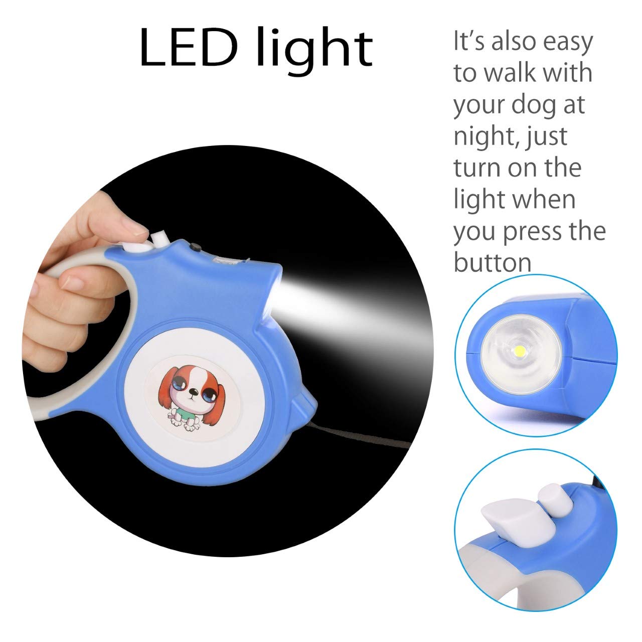 MOWIS Retractable Dog Leash 16.5ft/5m Dog Walking Leash with Anti-Slip Handle for Small Medium Dogs up to 55lbs/25kg, 360°Tangle Free, LED Light & Dog Waste Dispenser Bags included