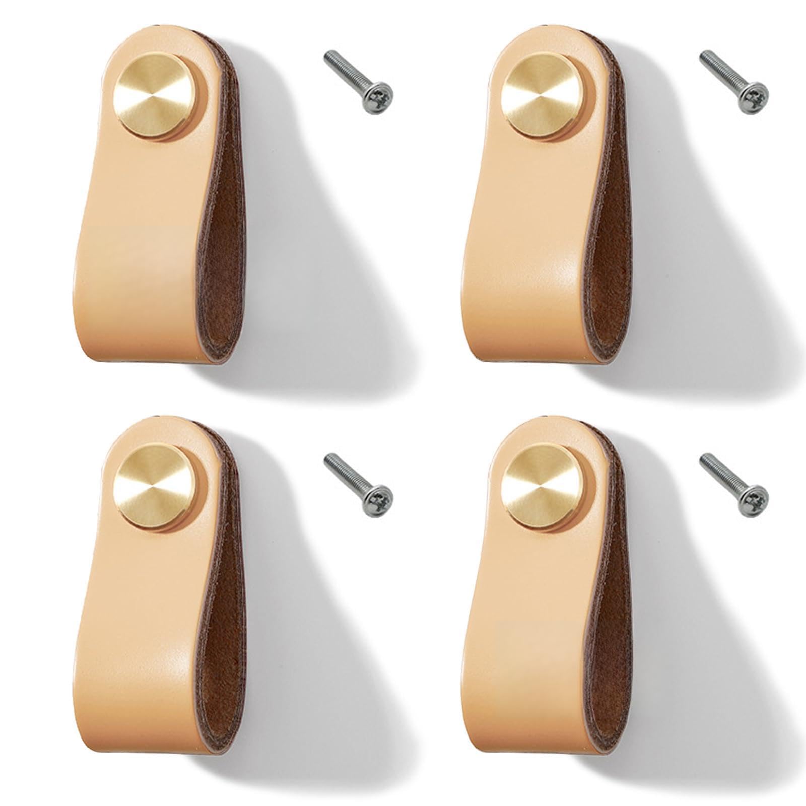 Lawen Creative 4 Set Leather Furniture Handles Cabinet Handle Knobs for Kitchen Cabinets Cupboards (Beige, Single Hole)