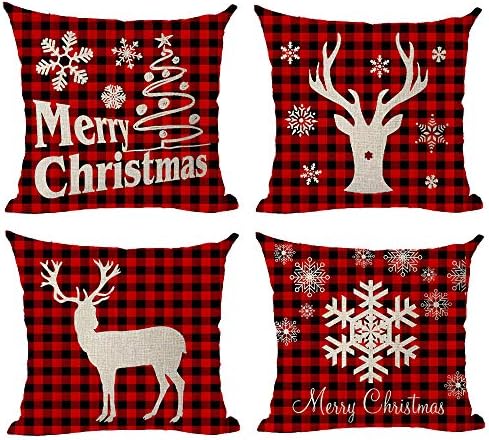 Red Snowflake Merry Christmas Red and Black Plaid Deer Tree Gift Happy Holiday Cotton Linen Throw Pillow Covers Case Cushion Cover Sofa Decorative Square 18x18 inch Decorative Pillow Wedding Birthday
