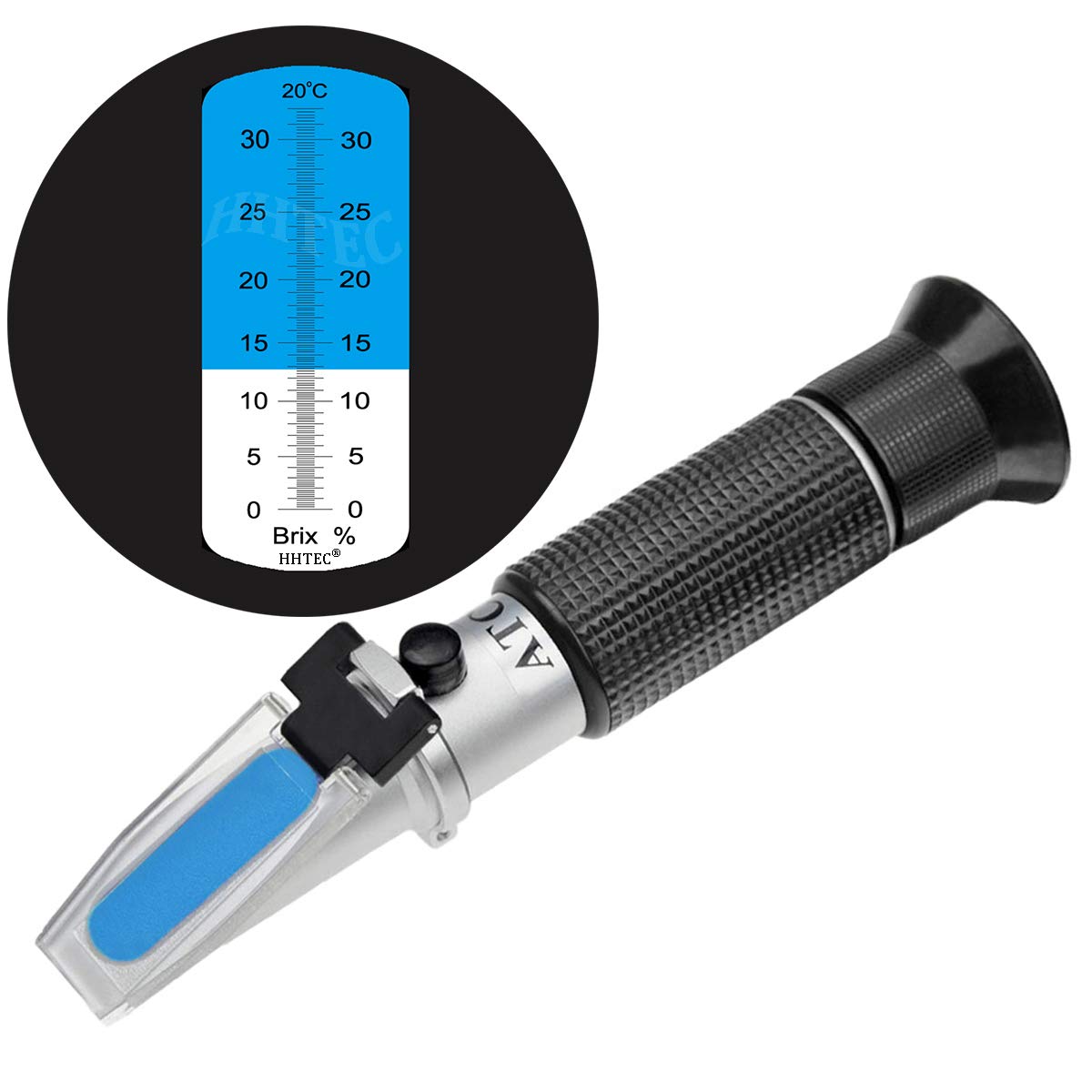 HHTEC Brix Refractometer 0–32% with ATC, Sugar Content Meter for Wine, Beer, Fruit Juice and Low-Concentration Solutions, Handheld Tester for Emulsions and Metalworking Fluids