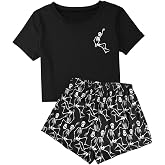 WDIRARA Women's Skull Print 2 Piece Pajama Set Short Sleeve Sleepwear Shorts Pjs Set