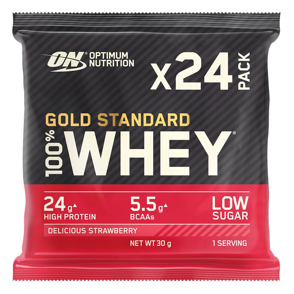 Optimum Nutrition Gold Standard 100% Whey Muscle Building and Recovery Protein Powder With Naturally Occurring Glutamine and BCAA Amino Acids, Delicious Strawberry Flavour, Pack of 24, 24 x 30g
