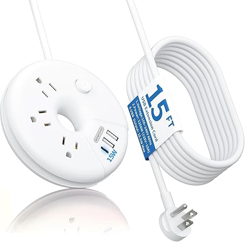 i-Donut Extension Cord 15FT, NTONPOWER Long Extension Cord with 3 USB Ports(1 USB C), 3 Outlets, Flat Plug， Switch, Travel Power Strip for Home, Office, Dresser, Dorm Room, White