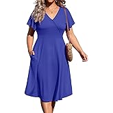 D.Q.RZhong Women's Plus Size V Neck Dress Short Ruffle Sleeve Casual Summer Waistline Tunic Midi Dress with Pockets