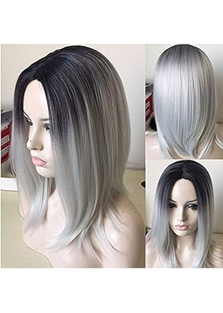 Qianbaihui Gray Bob Wigs For Women Medium Straight Black Rooted Ombre Grey Wigs Heat Resistant Synthetic Hair Wigs Black Ombre Silver Lds028