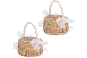 ACJRYO Wicker Flower Girl Basket Set of 2, Rustic Elegant Wedding Baskets with Pearl Handle and Ribbon Bow, Rattan Flower Basket for Outdoor Picnic Home Wedding Decoration
