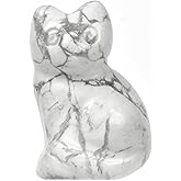 Justinstones Carved Natural White Howlite Cat Guardian Statue Home Decor Reiki Chakra Healing Crystal Desk Gemstone Decoration Stone Crafts Gemstone Collectible Gift