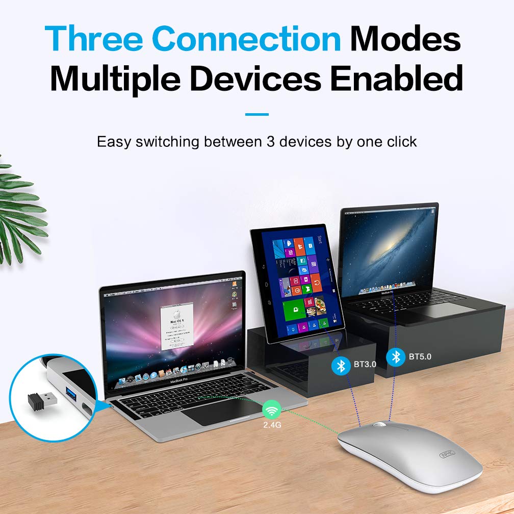 Bluetooth Mouse Rechargeable, Inphic Slim Silent Click Rechargeable 2.4G Wireless Mice 1600DPI Optical Portable USB PC Computer Laptop Cordless Mouse with Nano Receiver (Bluetooth Silver)