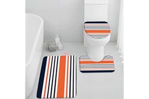 QWRSMYX 3 Pieces Set Navy Blue Orange Bathroom Rugs Abstract Geometric Stripe Modern Simple Contemporary Fashion Mid Century Absorbent Soft Toilet Lid Cover Pedestal Rug U-Shaped Non-Slip Carpet