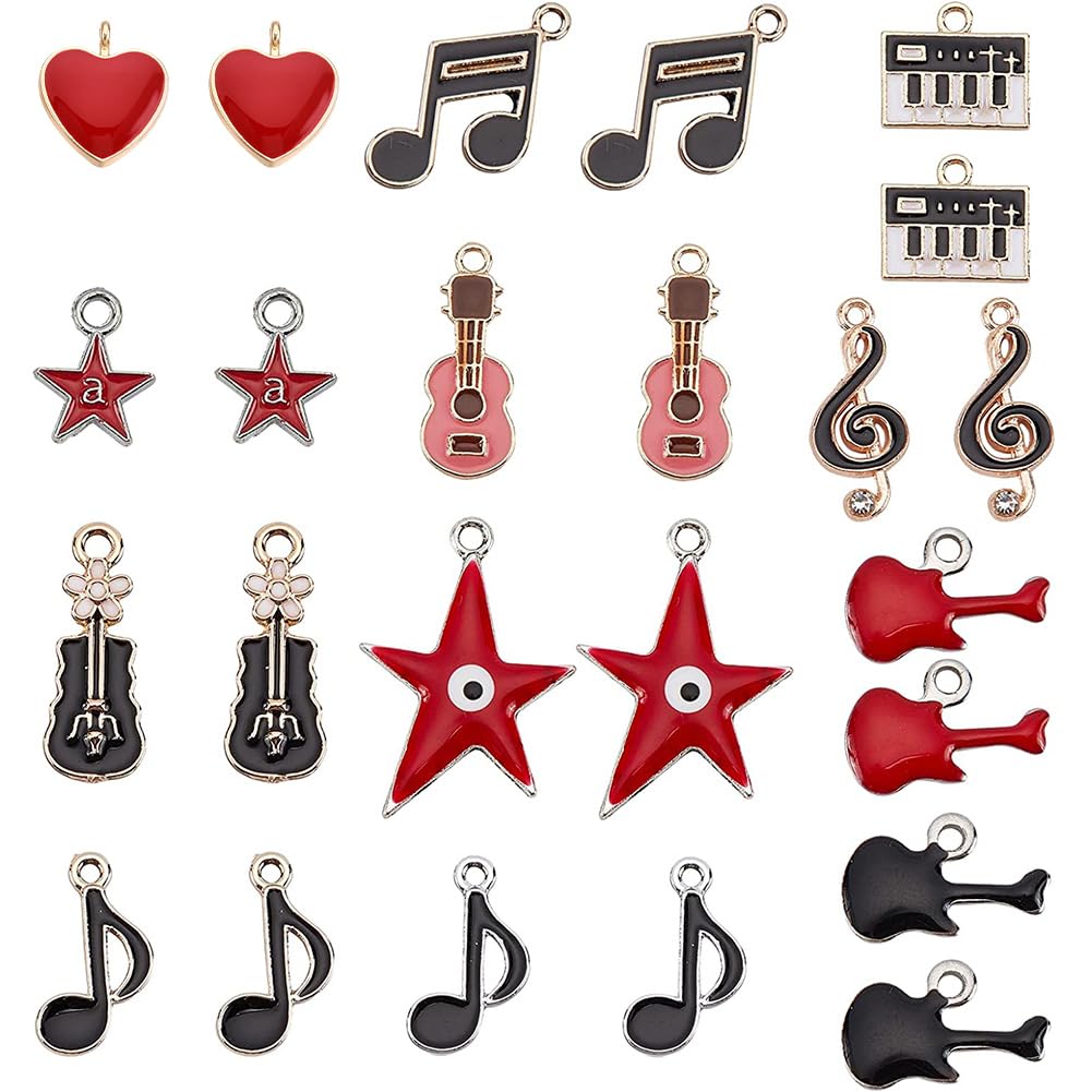 SUPERFINDINGS 48Pcs Music Elements Enamel Charm 12 Styles Light Gold Musical Note Alloy Pendants Metal Rock Music Charms for Necklace Bracelet Jewelry Making DIY Crafting