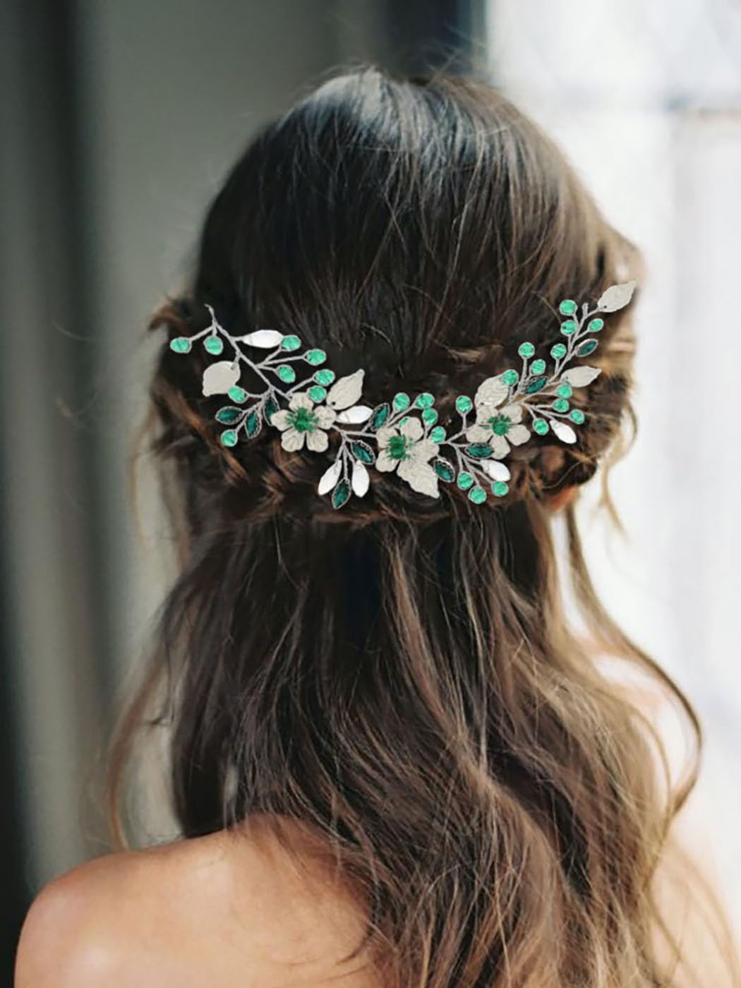 IYOU Rhinestone Bridal Hair Vine Green Flower Wedding Headband Party Bridesmaid Hair Accessories for Women