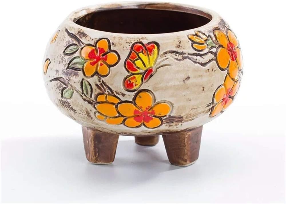 Amazon Com Green Plant Square Round Mini Retro Round Hand Painted Pot Yellow Med Flower Pot Flower Pots Indoor Pot Flower Flower Pots Ceramic Garden Outdoor