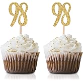 Gold Happy 98th Birthday Cupcake Topper, 24-Pack Number 98 Glitter Birthday Party Cupcake Toppers, Decorations