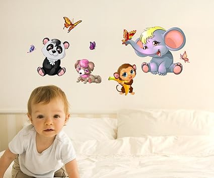 Decals Design Animals Cute Side including Butterflies Monkey Elephant Wall Sticker (PVC Vinyl, 50 cm x 70 cm x 1 cm),Multicolour