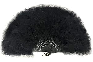FANSOF.FANS Marabou Feather Hand Fan 45cm, Fancy Dress Wedding Party Favour Gift Outdoor Vintage Dance Photoshoot (Black Fan, Black Ribs)